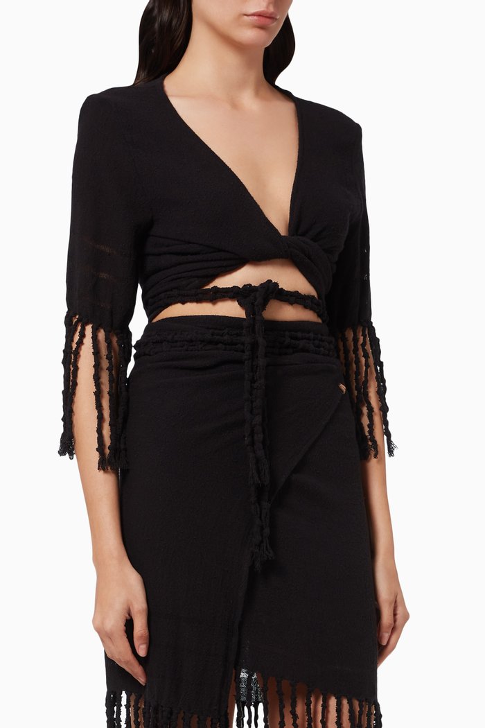 

Saskun Wrap Crop Top in Cotton Jute, Black