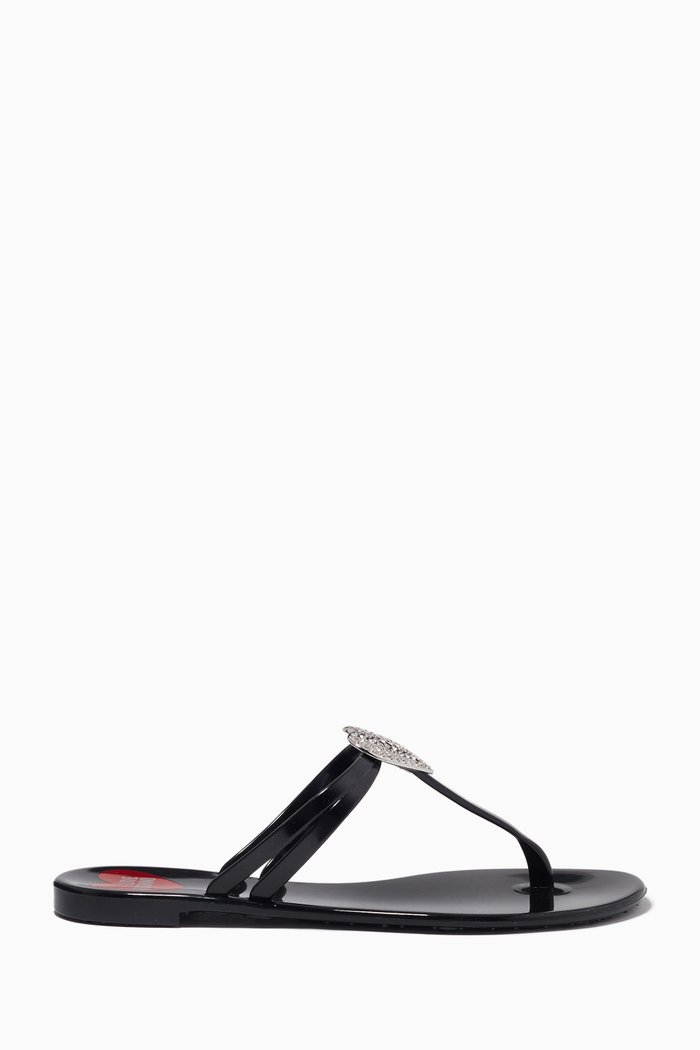

Jelly Heart Embellished Flat Thong Sandals in Rubber, Black