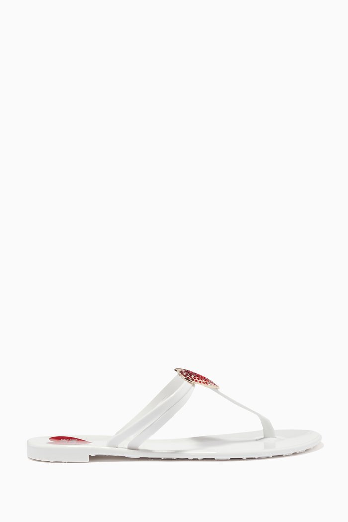 

Jelly Heart Embellished Flat Thong Sandals in Rubber, White