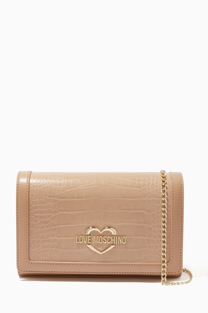 

Metal Logo Small Cross-body Bag in Croco Print Faux Leather, Neutral