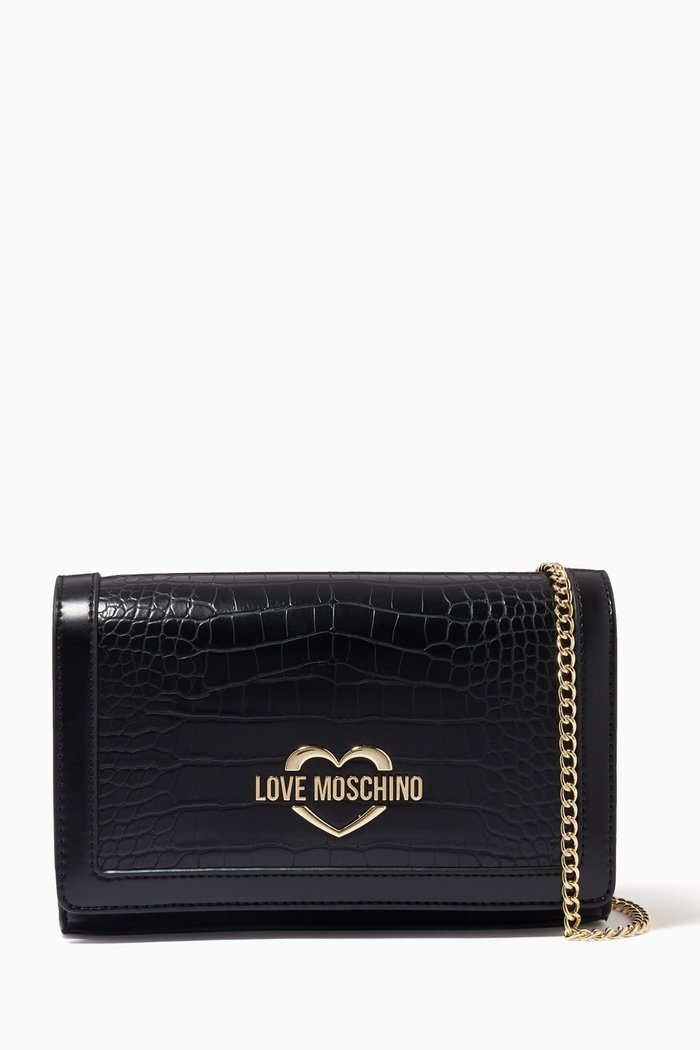 

Metal Logo Small Cross-body Bag in Croco Print Faux Leather, Black