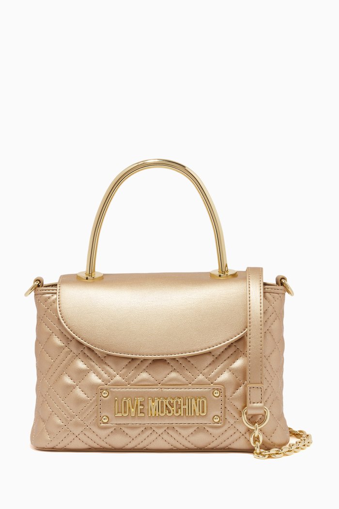 

Medium Top Handle Bag in Quilted Faux Leather, Gold