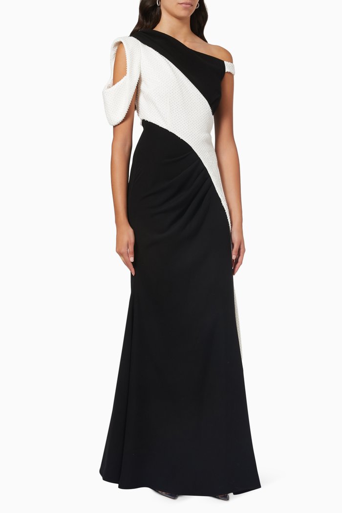 

Pearl Draped Dress in Cady, Black
