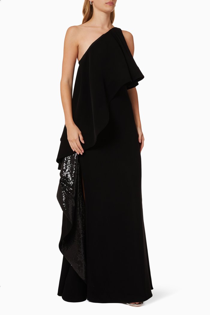 

Asymmetric Sequin Flounce Dress in Cady, Black