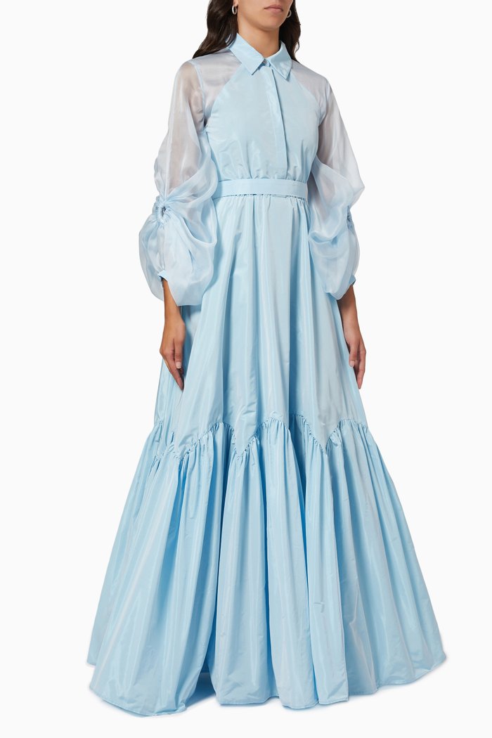 

Puff Sleeve Dress in Taffeta, Blue