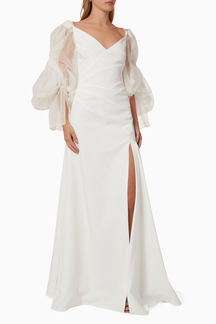 Puff Sleeve Dress in Cady, White