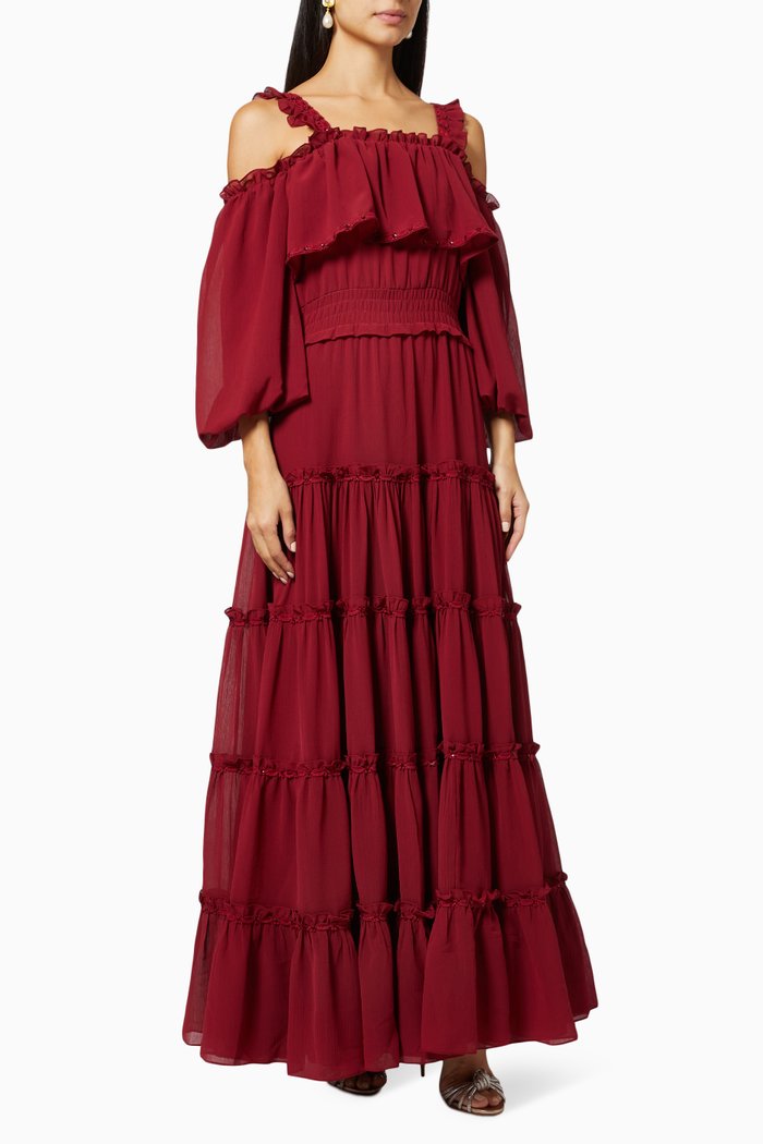 

Viona-B Tiered Maxi Dress in Chiffon, Red