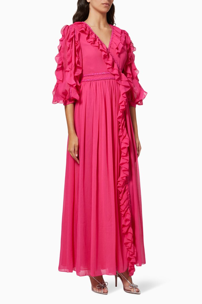 

Viona-A Ruffle Trim Maxi Dress in Chiffon, Pink