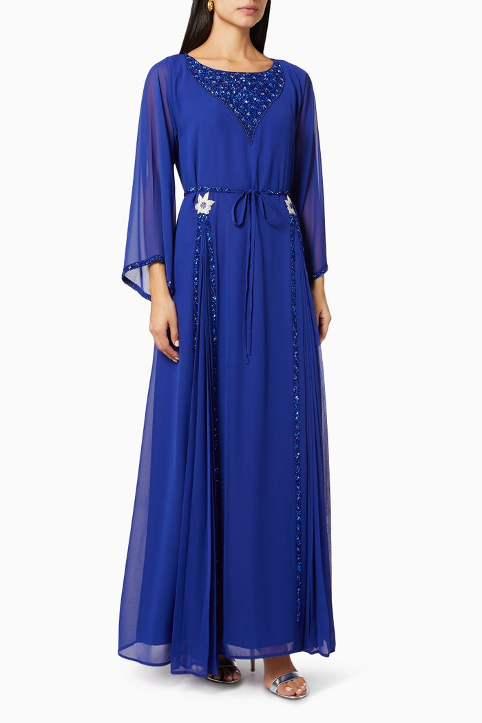 Embroidered Kaftan in Chiffon, Blue