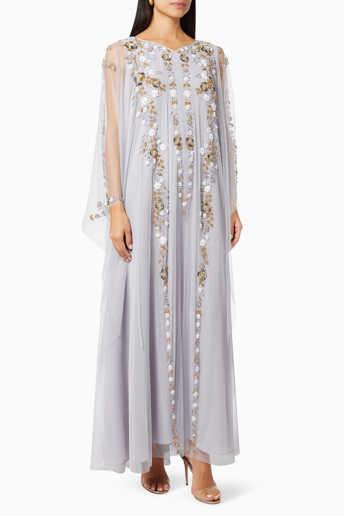 

Floral Beaded Kaftan in Tulle, Grey