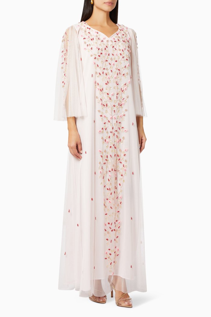 

Floral Beaded Kaftan in Tulle, Pink