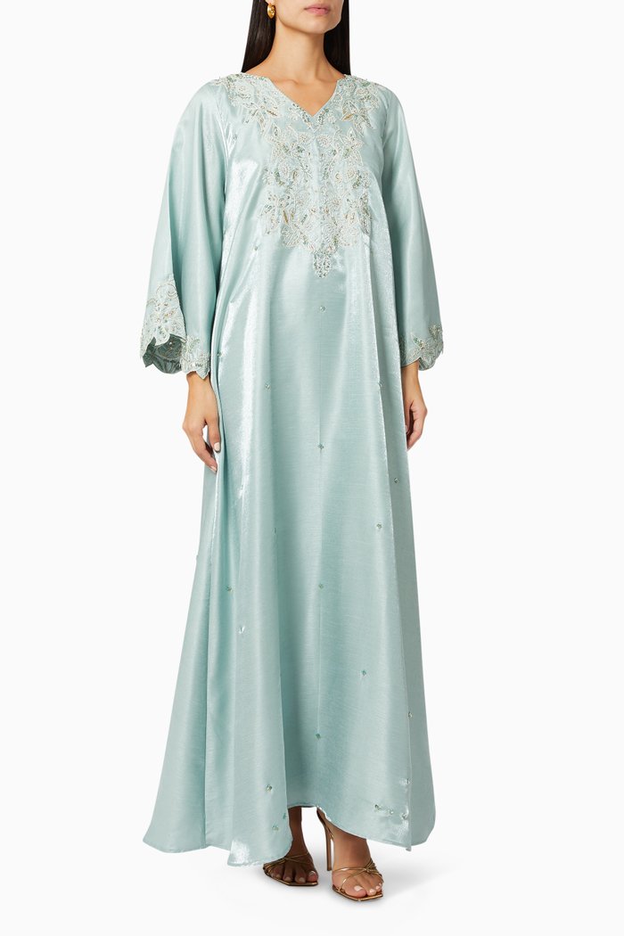 

Floral Embroidered Kaftan in Crêpe Satin, Blue