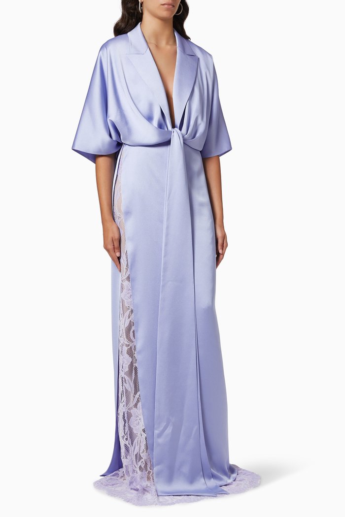 Wrap Cape Dress with Lace Skirt in Crepe, Purple