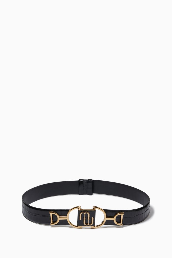 Crocodile-embossed Logo Belt in Leather, Black
