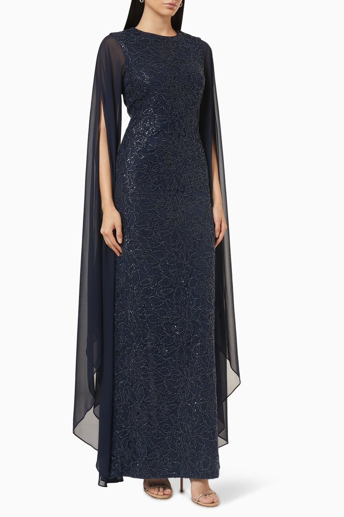 

Cape Overlay Beaded Gown in Chiffon, Blue