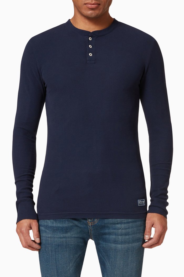 

Waffle Grandad Long Sleeves Top in Cotton, Blue
