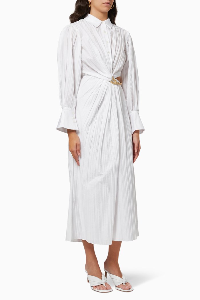 Fraya Hardware Dress in Plisse Poplin, White