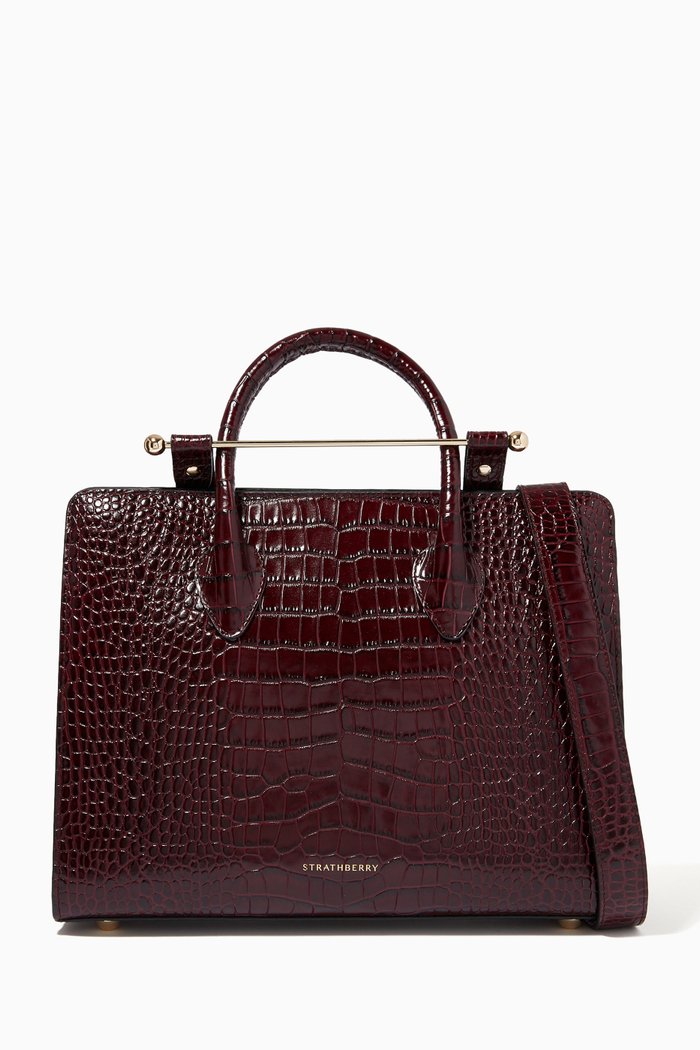 

Midi Tote Bag in Croc-embossed Leather, Burgundy