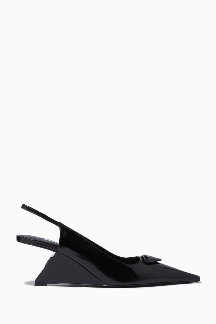 

Logo Triangle Slingback Wedges in Brushed Leather, Black