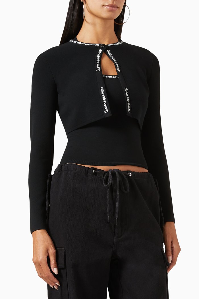 

Jacquard Logo Cardigan in Stretch Knit, Black