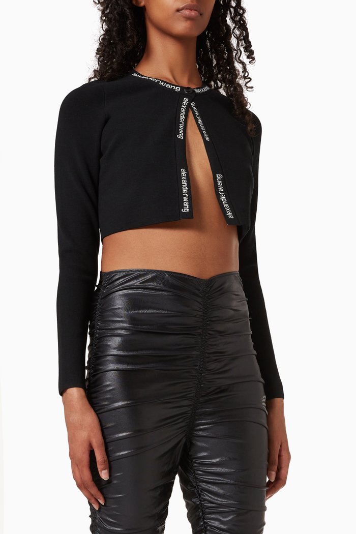 

Jacquard Logo Cardigan in Stretch Knit, Black