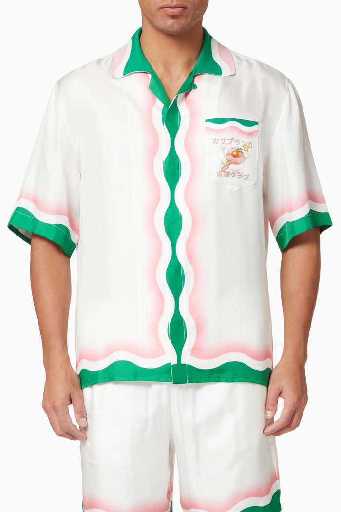 

Knit Collar Printed Shirt in Silk, White