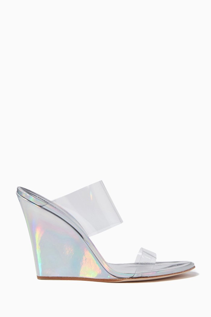 

Wilma Wedge Sandals in PVC and Mirror Tech Fabric, Silver