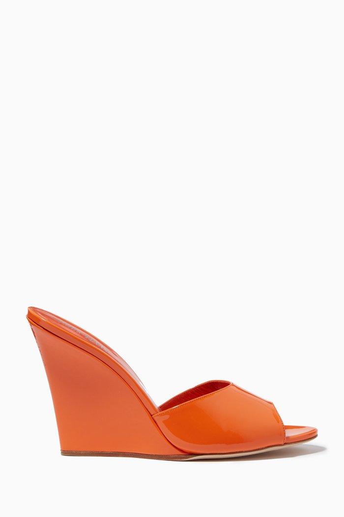 

Wanda Wedge Sandals in Patent Leather, Orange