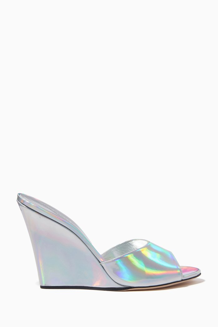 

Wanda Wedge Sandals in Mirror Tech Fabric, Silver