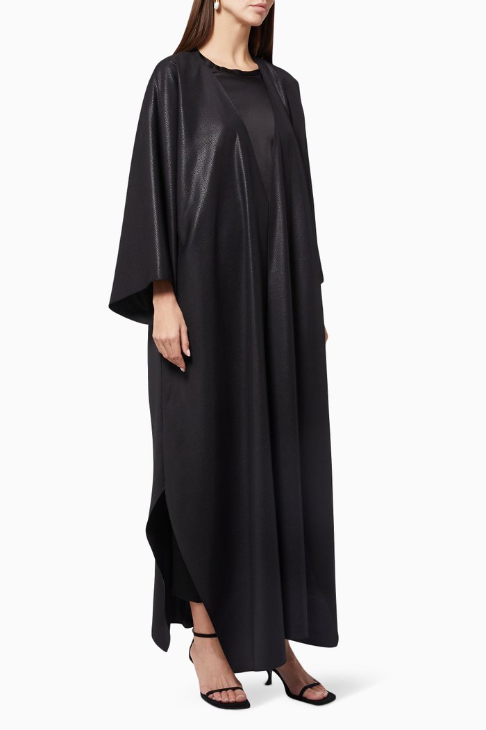 

Chequered Metallic Abaya in Japanese Textured Crepe, Black