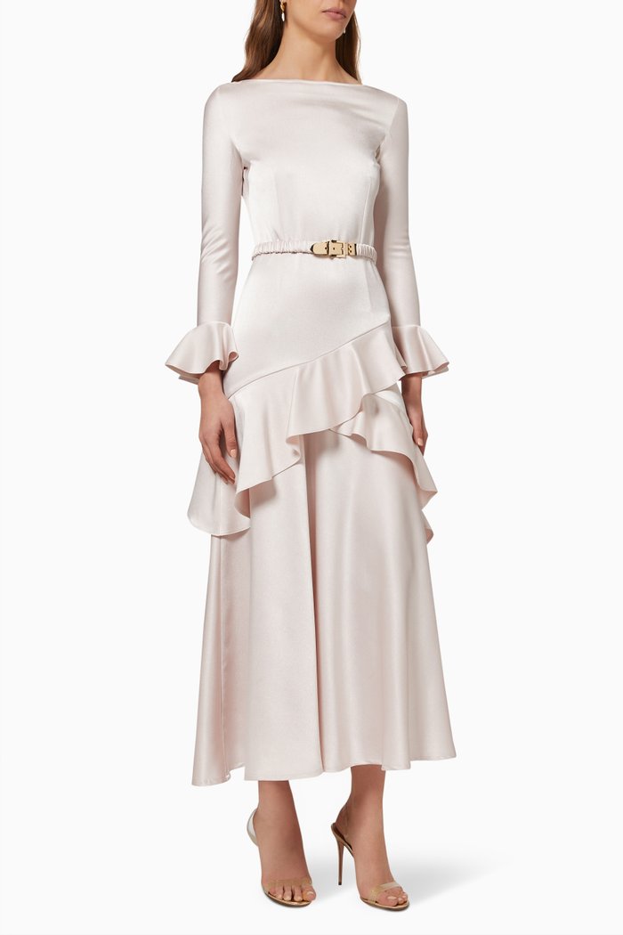 

Belted Ruffle Dress in Satin, Pink