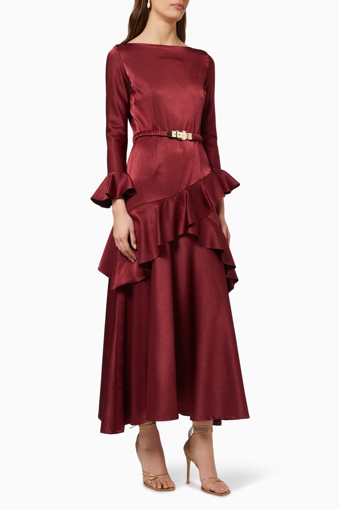 

Belted Ruffle Dress in Satin, Red