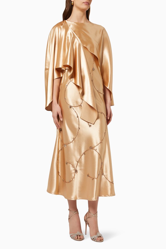 

Embellished Cape Dress in Satin, Gold