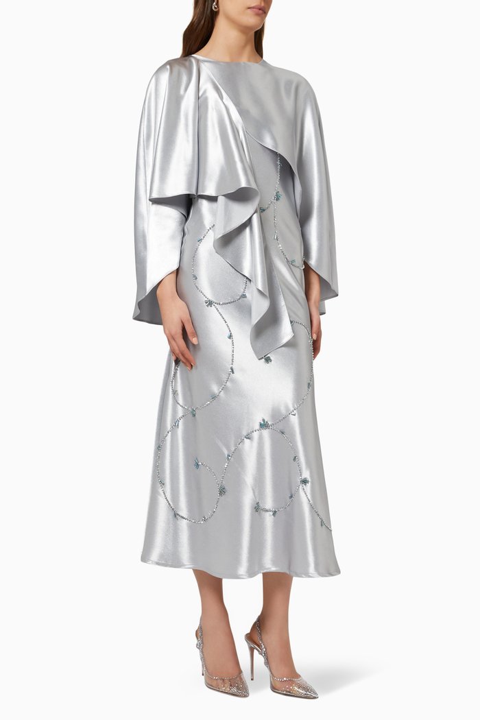 

Embellished Cape Dress in Satin, Grey