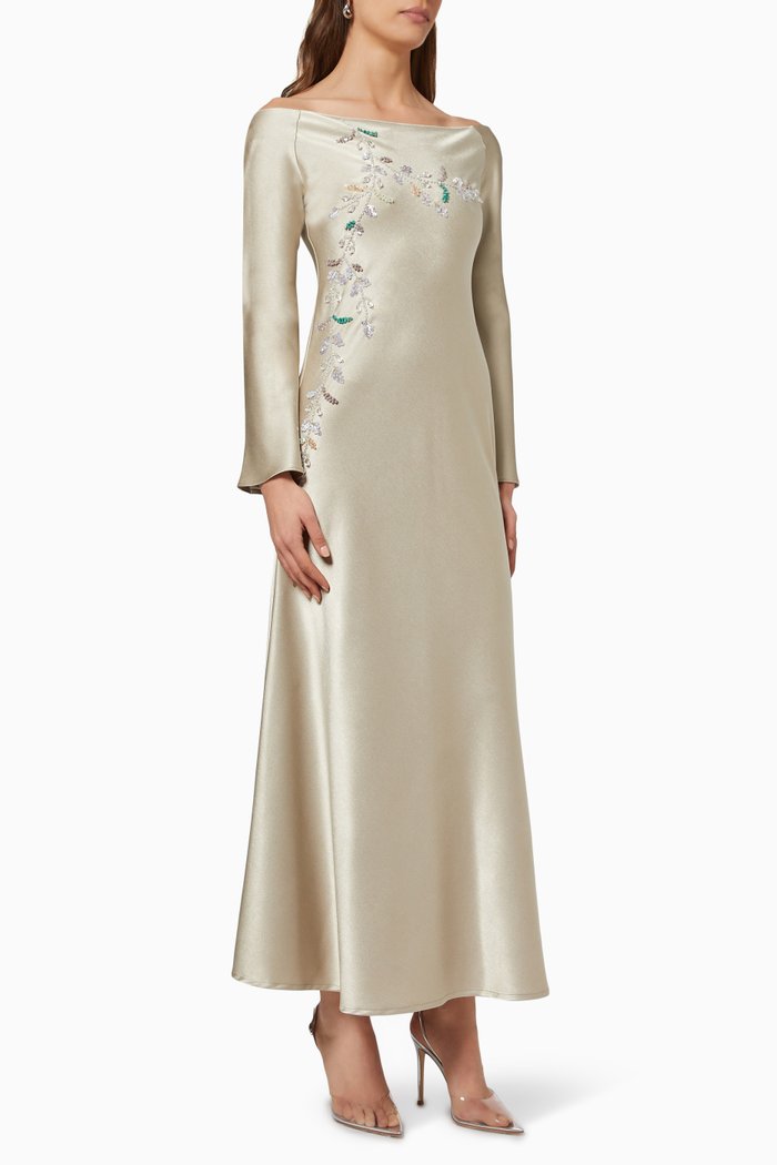 

Embellished Boat Neck Dress in Satin, Neutral