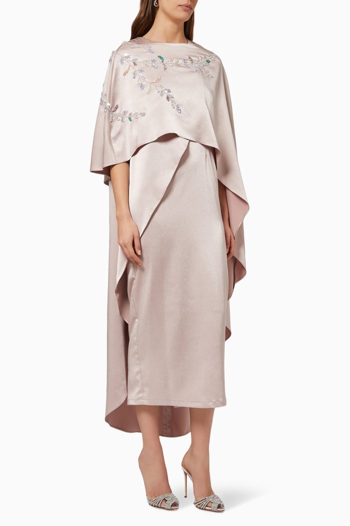 Embellished Long Cape Dress in Satin, Pink