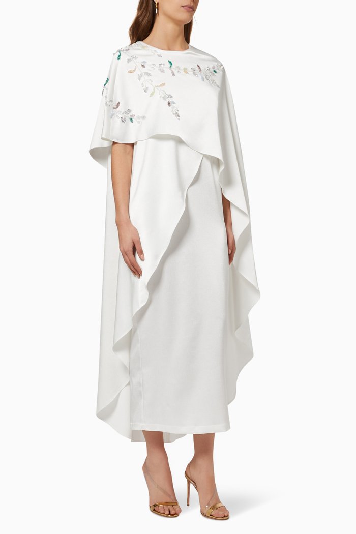 Embellished Long Cape Dress in Satin, White