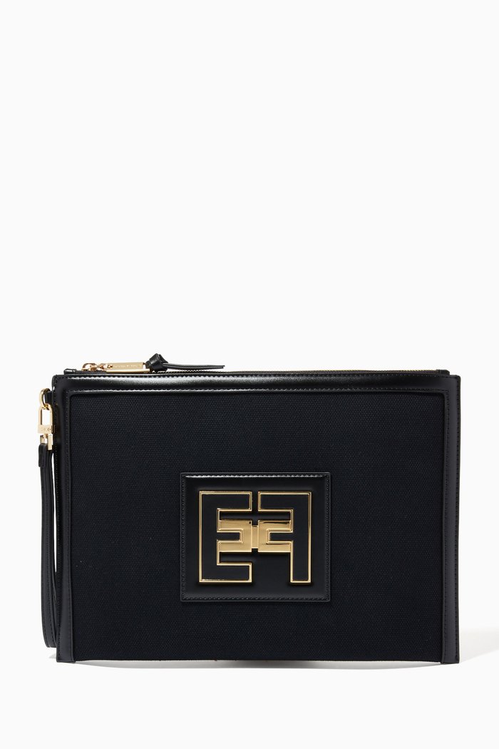 

Logo Plaque Wristlet in Canvas & Faux Leather, Black