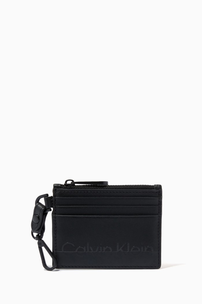 

CK Logo Embossed Card Holder in Leather, Black
