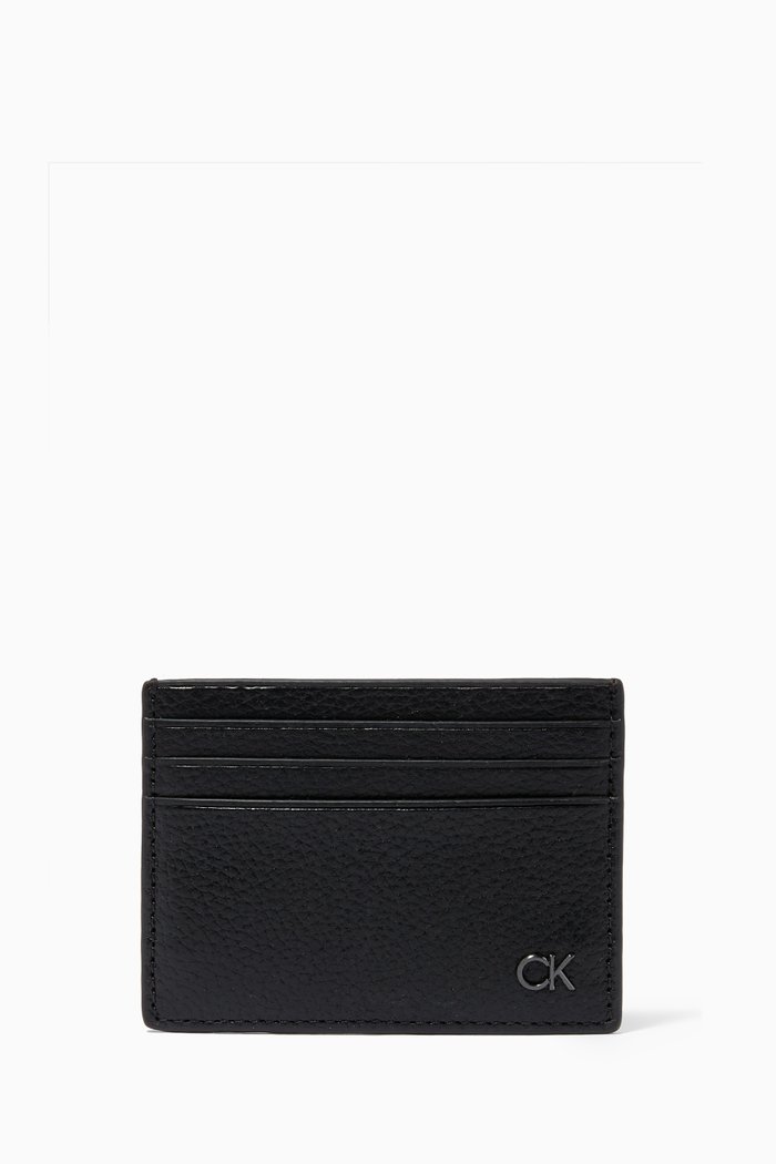 

CK Logo Card Holder in Grainy Leather, Black