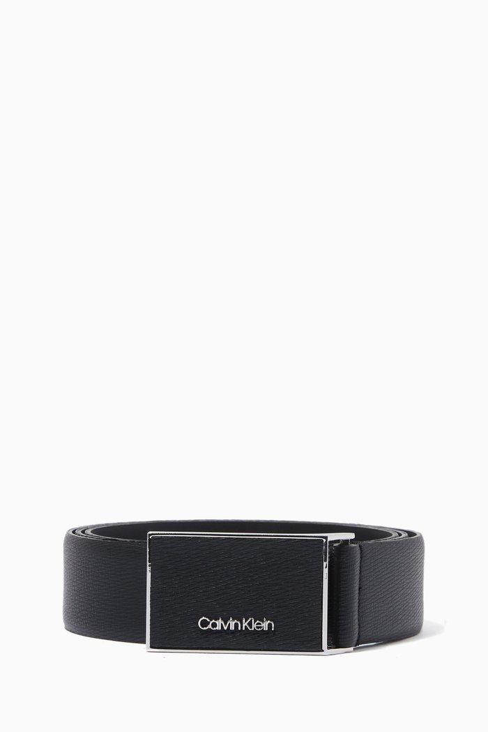 

CK Logo Plaque Belt in Faux Saffiano Leather, Black