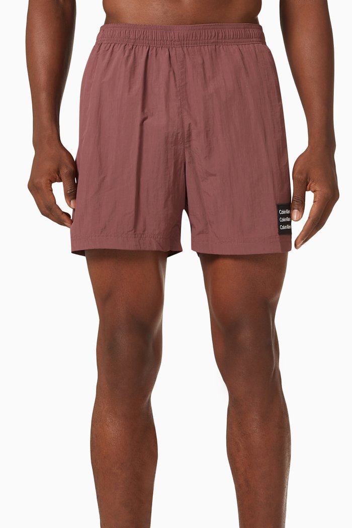

Logo Patch Swim Shorts in Recycled Fabric, Brown