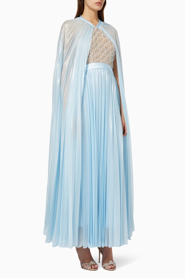 

Pleated Embellished Cape Dress, Blue