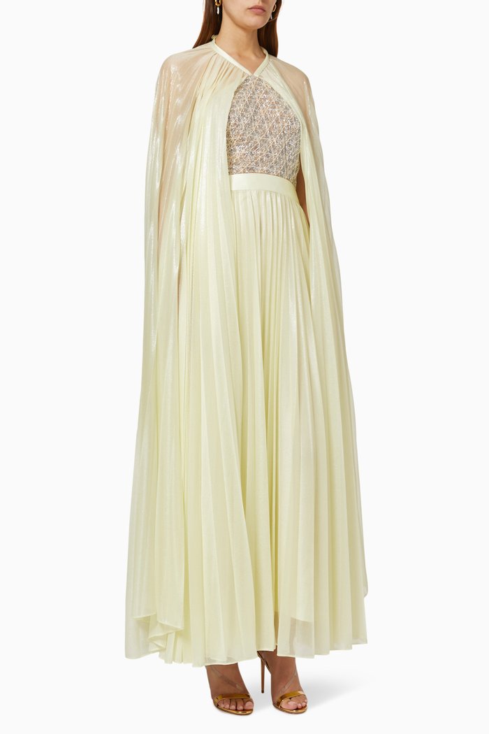 

Pleated Embellished Cape Dress, Yellow