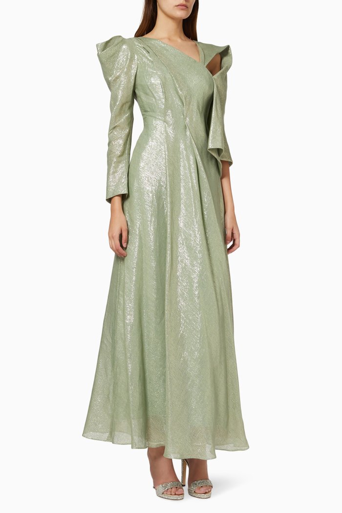 

Draped Sleeve Dress in Metallic Knit, Green