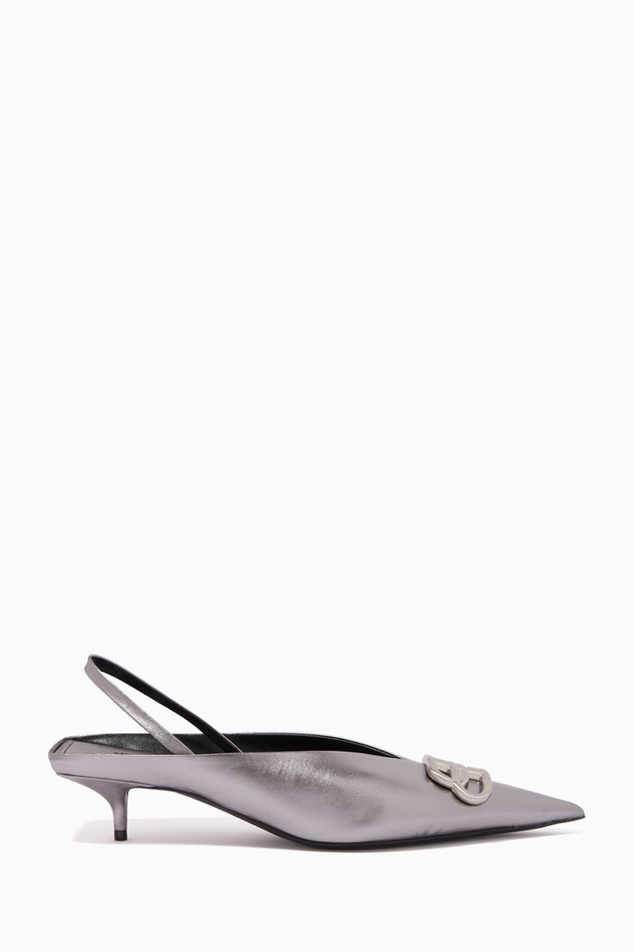 

BB Square Knife Slingback Mules in Metallic Leather, Silver