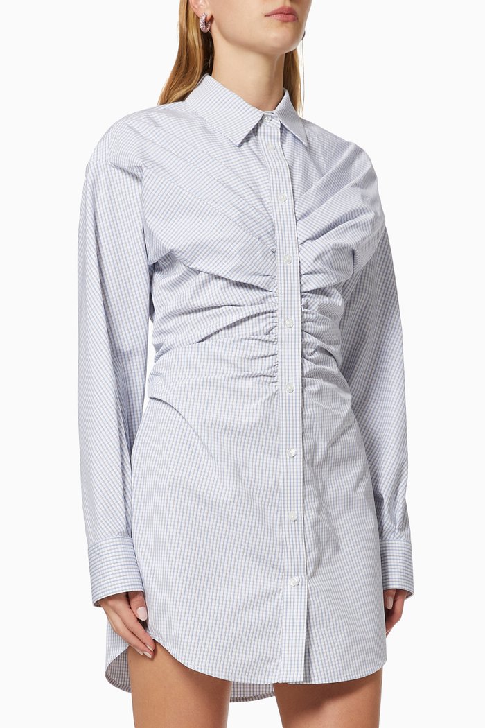 

Ruched Hourglass Shirt Dress in Stripe Cotton Poplin, Blue