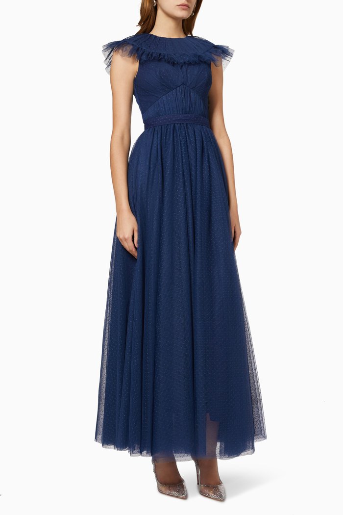 

Ruched Dress in Dotted Tulle, Blue
