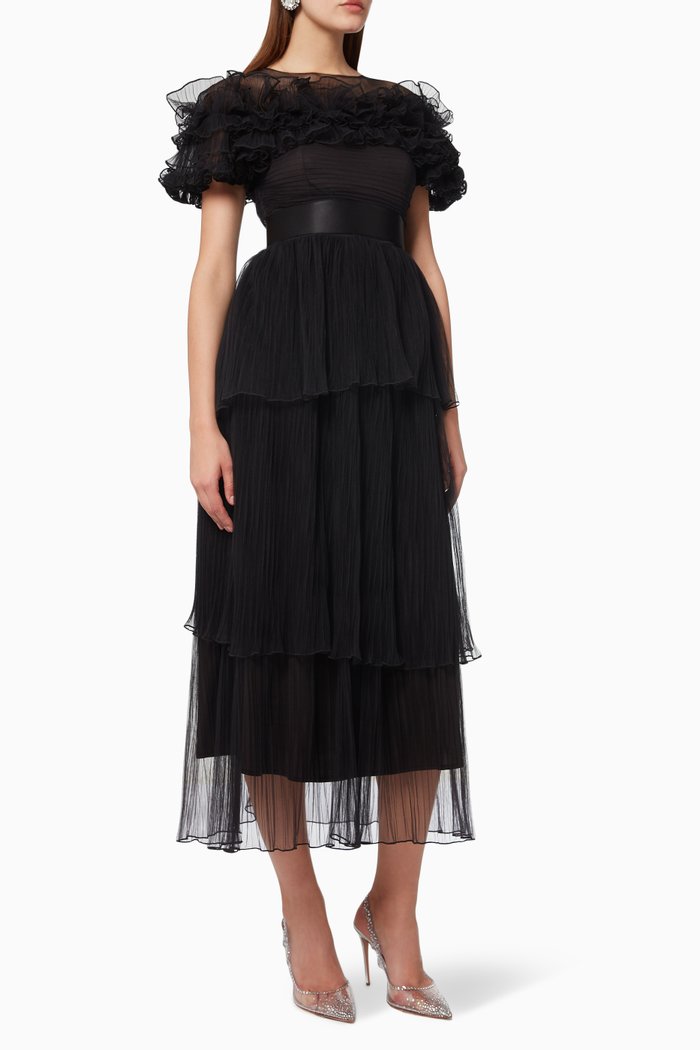 Ruffle Tiered Dress in Plisse Tulle, Black
