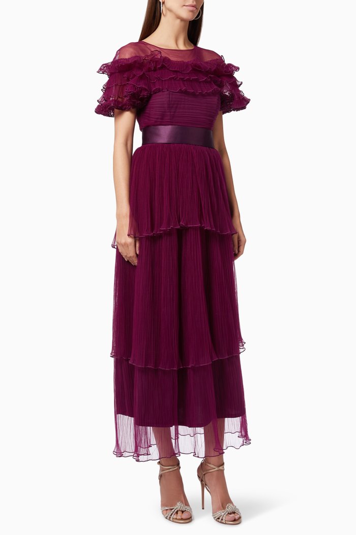 

Ruffle Tiered Dress in Plisse Tulle, Purple